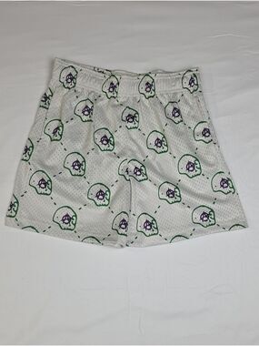 Bravest Studios White Mesh Shorts with Green & Purple Skull Motif Small